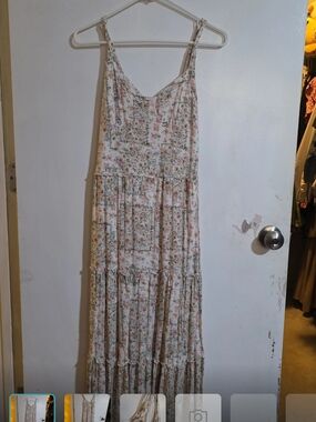 Floral Tiered Maxi Sundress — Cream with Pink & Green Floral Print